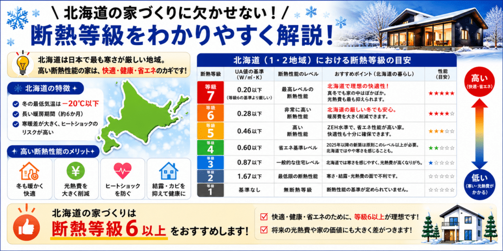 北海道の断熱等級1〜7とUA値の基準を比較し、断熱等級6以上を推奨する解説図