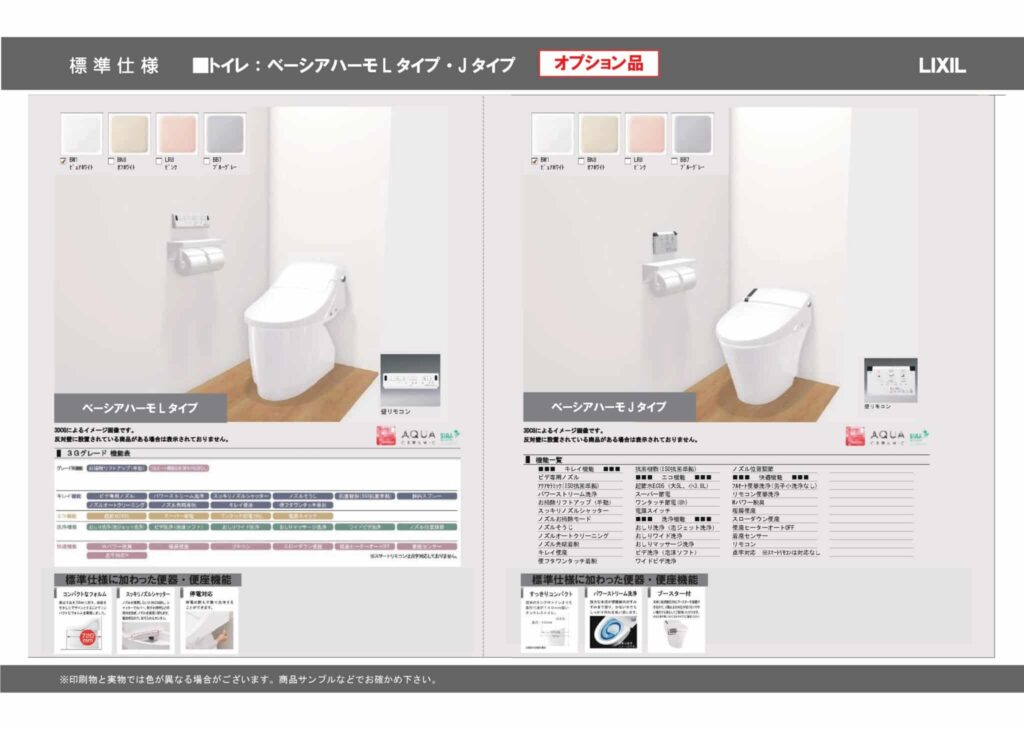 LIXILのタンクレストイレ「ベーシアハーモLタイプ・Jタイプ」の機能と仕様比較