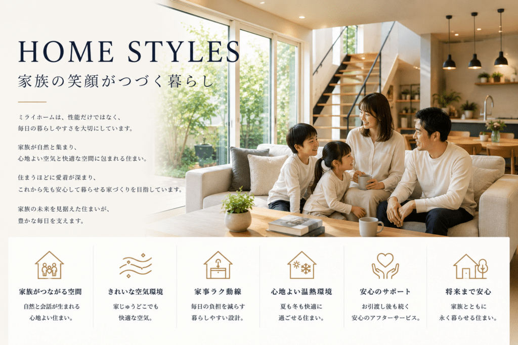 家族がつながる空間や空気環境、家事動線、断熱性能、安心サポートを紹介するミライホームの標準仕様