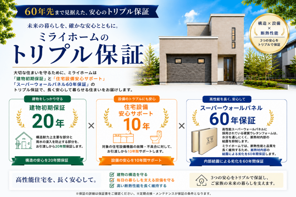 建物初期保証20年、住宅設備保証10年スーパーウォールパネル60年を示した長期保証サービス