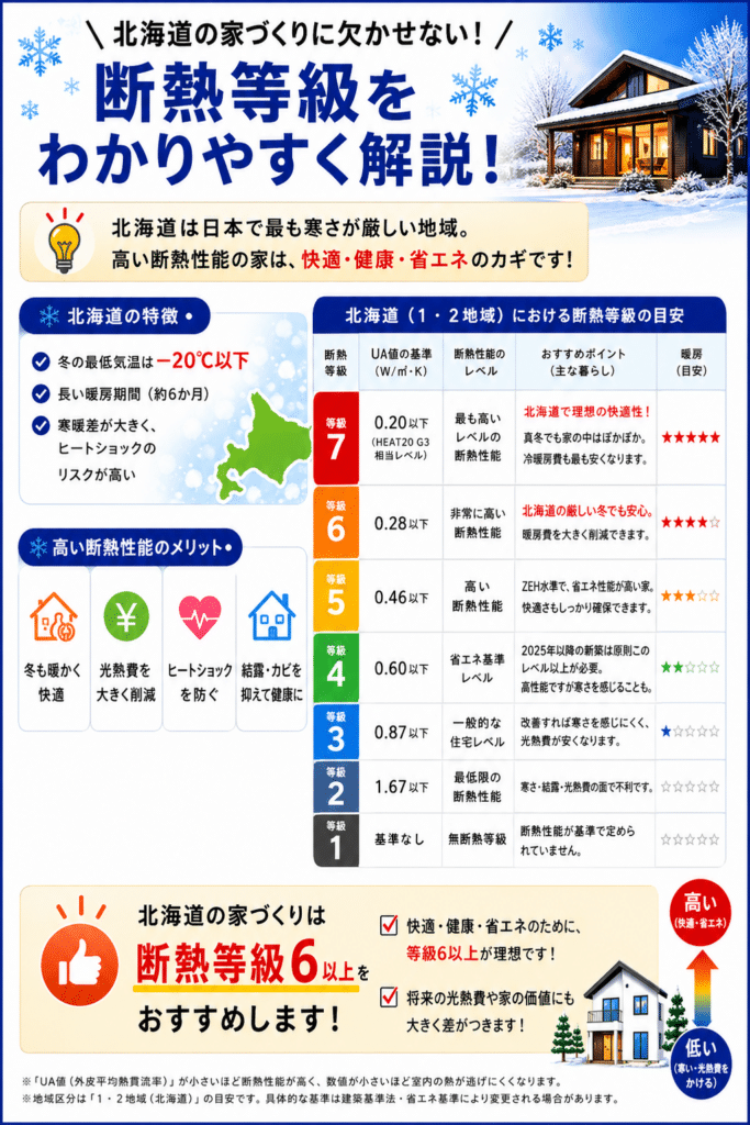 北海道の断熱等級1〜7とUA値の基準を比較し、断熱等級6以上を推奨する解説図