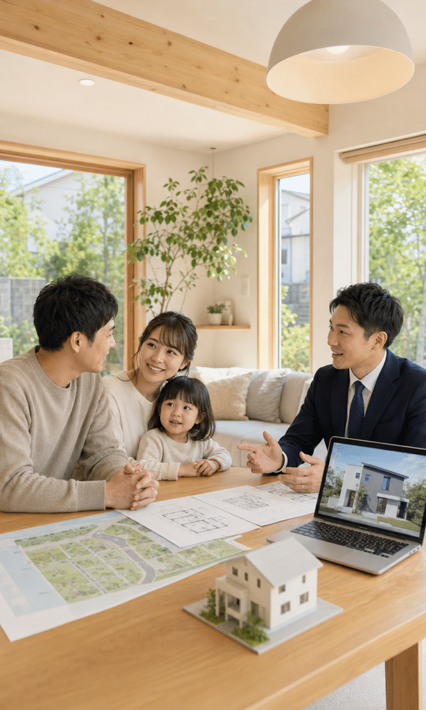 土地や住まい探しについて住宅担当者へ相談する家族