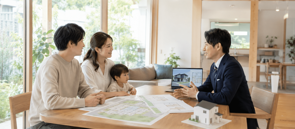 土地や住まい探しについて住宅担当者へ相談する家族