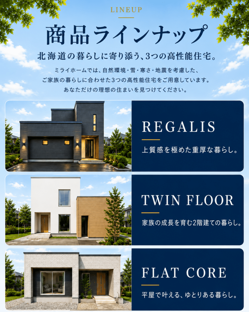 北海道の暮らしに対応する高性能住宅「REGALIS・TWIN FLOOR・FLAT CORE」の商品ラインナップ紹介画像